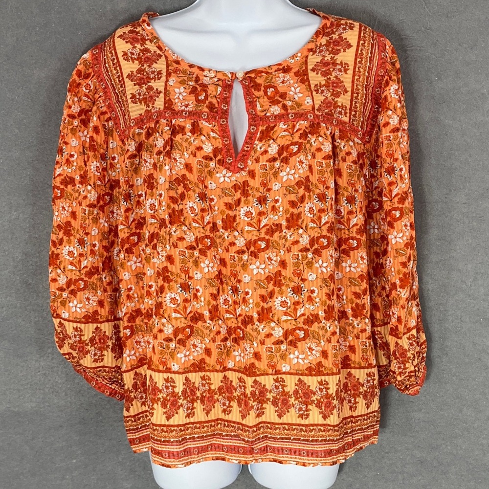 LOFT Floral Peasant Blouse Keyhole Neckline 3/4 Sleeve Whimsical Bohemian Sz XL